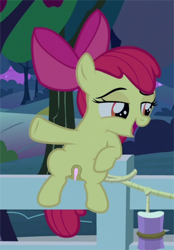 Size: 694x1000 | Tagged: explicit, apple bloom, bow, clitoris, cropped, earth pony, edit, edited screencap, female, filly, foal, foalcon, g4, going to seed, hair bow, hooves, imported from derpibooru, my little pony: friendship is magic, night, nude edit, nudity, open mouth, pony, rope, screencap, sitting, solo, solo female, spread legs, spreading, sweet apple acres, vulva