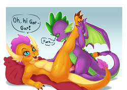 Size: 3507x2480 | Tagged: explicit, artist:exelzior, spike, ambiguous penetration, blushing, caught, dragon, dragoness, female, foalcon, g4, high res, implied death, implied garble, imported from derpibooru, looking at you, male, now you fucked up, offscreen character, on back, penetration, raised leg, sex, ship:spolder, shipping, shocked, smolder, smolderriere, speech bubble, straight, this will end in pain, uh oh, vaginal, winged spike, wings