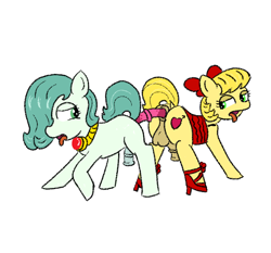 Size: 750x700 | Tagged: explicit, oc, oc:emerald jewel, oc:golden brisk, adult, amulet, anal insertion, anonymous artist, ask golden brisk, balls, bedroom eyes, bow, child, clothes, color, colt, colt on colt, colt quest, crossdressing, dildo, doubleheaded dildo, dress, foal, foalcon, gay, hair over one eye, imported from derpibooru, insertion, jewelry, lust, male, nudity, penis, pony, sex, sex toy, shoes, smol, submissive, tongue out, trap