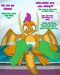 Size: 3238x4096 | Tagged: explicit, grimdark, artist:stardust-pony, cameltoe, clothes, disembodied hand, dragons wearing clothes, dragons wearing panties, female, foalcon, g4, hand, implied anon, imported from derpibooru, molestation, panties, personal space invasion, presenting, smolder, smolderbuse, underwear, vaginal secretions