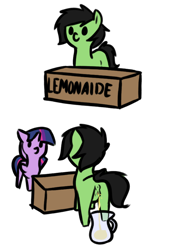 Size: 649x940 | Tagged: explicit, artist:cutelewds, twilight sparkle, oc, oc:filly anon, 2 panel comic, alicorn, anus, comic, earth pony, female, fetish, filly, foal, foalcon, g4, imported from derpibooru, juice, lemonade, lemonade stand, nudity, pissing, pitcher, pony, simple background, smiling, tail aside, this will end in death, this will end in pain, this will end in tears, this will end in tears and/or death, urine, vulva, watersports, white background