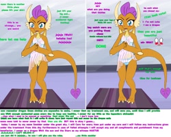 Size: 4096x3276 | Tagged: explicit, artist:stardust-pony, alternate version, blushing, casual nudity, clothes, dialogue, evil scheme, female, flower pattern underwear, foalcon, g4, implied anon, implied molestation, imported from derpibooru, nudity, panties, skirt, smolder, solo, solo female, striped underwear, underwear, upskirt, vulva
