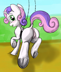 Size: 1837x2137 | Tagged: explicit, artist:bright lite, sweetie belle, anatomically correct, anus, derpibooru exclusive, dock, female, foalcon, frog (hoof), g4, imported from derpibooru, looking at you, looking back, looking back at you, nudity, playground, playing, ponut, pony, smiling, solo, solo female, sweetie butt, swing, swing set, underhoof, vaginal secretions, vulva