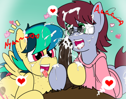 Size: 3234x2550 | Tagged: explicit, artist:takaneko13, button mash, oc, oc:apogee, oc:daisy cutter, blowjob, clothes, colt, creampie, cum, cum in mouth, cum on body, cum on hair, cumming, cutie mark, double blowjob, earth pony, female, ffm threesome, filly, filly on colt, floating heart, foal, foalcon, g4, glasses, group sex, heart, high res, imported from derpibooru, lucky bastard, male, male pov, missing braces, multiple blowjob, nudity, oc only, offscreen character, open mouth, oral, oral creampie, pegasus, penis, pictogram, pony, pov, sex, speech bubble, spread wings, straight, sweater, text, threesome, tongue out, wingboner, wings