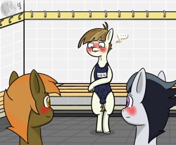 Size: 1154x952 | Tagged: questionable, artist:wyntermoon, button mash, blushing, changing room, clothes, colored pupils, colt, crossdressing, embarrassed, erection, featherweight, foal, foalcon, g4, imported from derpibooru, looking away, male, males only, mooseknuckle, multicolored hair, nudity, one-piece swimsuit, pegasus, penis, pony, rumble, swimsuit