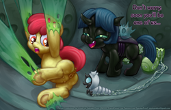 Size: 2000x1289 | Tagged: explicit, grimdark, grotesque, artist:smudge proof, apple bloom, twilight sparkle, comic:true greatness, age regression, anus, bondage, changeling, changeling larva, changeling slime, changelingified, commission, corrupted, crotchboobs, delicious flat crotch, dock, earth pony, egg, egg laying, female, fetish, filly, foal, foalcon, frog (hoof), g4, imminent rape, imminent sex, imminent unbirth, imported from derpibooru, kidnapped, nipples, nudity, nymph, ponut, pony, species swap, teats, transformation, underhoof, vulva