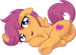 Size: 1604x1167 | Tagged: explicit, artist:pestil, scootaloo, art pack:pantiepalooza2, alternate version, anatomically correct, anus, art pack, blushing, butt, crotchboobs, cutie mark, delicious flat crotch, dock, female, filly, floppy ears, foal, foalcon, g4, imported from derpibooru, looking at you, nipples, nudity, open mouth, pegasus, plot, pony, scootabutt, sexy, simple background, solo, solo female, teats, the cmc's cutie marks, transparent background, underhoof, vulva