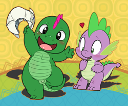 Size: 1416x1178 | Tagged: questionable, artist:lkiw, spike, oc, armpits, balls, commissioner:gcthetreecko, cute, diaper, dragon, foalcon, g4, genitals, imported from derpibooru, male, males only, nudity, penis, small penis, spikabetes, wingless spike