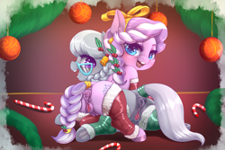 Size: 3750x2508 | Tagged: explicit, artist:dankflank, diamond tiara, silver spoon, alternate hairstyle, anus, bell, braided tail, candy, christmas, clitoris, clothes, crotchboobs, diamond buttiara, dock, earth pony, female, foalcon, food, frog (hoof), g4, high res, holiday, hoofbutt, imported from derpibooru, large ponut, legwear, nudity, ponut, pony, ribbon, silverbutt, socks, stupid sexy diamond tiara, stupid sexy silver spoon, thigh highs, underhoof, vulva