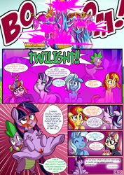 Size: 1302x1835 | Tagged: explicit, artist:anibaruthecat, spike, starlight glimmer, twilight sparkle, comic:back to magic kindergarten, age regression, alicorn, anus, blushing, comic, counterparts, dialogue, engrish, female, filly, filly twilight sparkle, foal, foalcon, g4, glasses, human vulva on pony, imported from derpibooru, moondancer, nudity, open mouth, pony, role reversal, speech bubble, sunset shimmer, trixie, twilight is a foal fiddler, twilight's counterparts, unicorn, vulva, younger