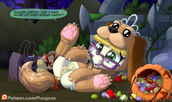 Size: 1144x676 | Tagged: explicit, artist:pusspuss, alternate version, anatomically correct, candy, clothes, costume, crotchboobs, female, filly, foal, foalcon, food, g4, implied human, imported from derpibooru, nightmare night, nipples, nudity, paw gloves, paw prints, pony, pumpkin bucket, speech, teats, vulva, zippoorwhill