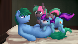 Size: 2504x1409 | Tagged: explicit, artist:sapsan, oc, oc:sabre sparkblaze, oc:spearmint switch, bed, blowjob, commission, double blowjob, earth pony, female, filly, foal, foalcon, imported from derpibooru, lucky bastard, multiple blowjob, nudity, oral, penis, pony, sex, ych result
