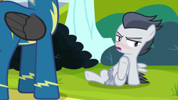 Size: 1280x720 | Tagged: explicit, artist:deserter, editor:slayer118, balls, blushing, brothers, caught, clothes, colt, edit, edited edit, edited screencap, embarrassed, erection, foal, foalcon, g4, horsecock, imported from derpibooru, looking away, male, males only, marks and recreation, my little pony: friendship is magic, nude edit, nudity, pegasus, penis, pony, precum, rumble, screencap, siblings, stallion, thunderlane, underhoof, uniform, wonderbolts uniform