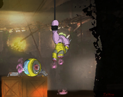 Size: 1639x1293 | Tagged: explicit, grimdark, grotesque, artist:evilthings, oc, oc:puppysmiles, amputee, anus, axe, bad end, bottle, corpse, dead, death, decapitated, dock, fallout equestria, fallout equestria: pink eyes, fanfic art, female, foalcon, gore, hanging, hazmat suit, impalement, imported from derpibooru, impossible, nudity, oc only, pink cloud (fo:e), pony, severed head, solo, solo female, upside down, vulva, weapon