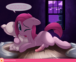 Size: 1224x992 | Tagged: explicit, artist:sip, pinkie pie, balls, earth pony, erection, filly, floppy ears, foal, foalcon, futa, futa filly, futa pinkie pie, g4, horsecock, implied incest, imported from derpibooru, intersex, looking at you, night, nudity, one eye closed, open mouth, patreon, patreon logo, penis, pillow, pink horsecock, pinkamena diane pie, pony, question, solo, solo futa, speech bubble, window, younger
