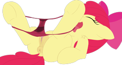 Size: 3500x1880 | Tagged: explicit, artist:deserter, artist:dtcx97, apple bloom, anatomically correct, anus, bloom butt, bow, butt, clitoris, clothes, color edit, colored, dock, earth pony, edit, eyes closed, female, filly, floppy ears, foal, foalcon, freckles, g4, imported from derpibooru, lineless, lying, nudity, on back, open mouth, panties, panties around legs, panties pulled down, plot, ponut, pony, shoulder freckles, simple background, smiling, solo, solo female, spread legs, spreading, style emulation, tongue out, transparent background, underhoof, underwear, vaginal secretions, vulva, vulvar winking, wet panties