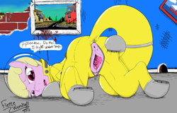 Size: 1280x820 | Tagged: explicit, artist:dark-wendigo, artist:fiercewendigo, oc, oc:puppysmiles, all fours, anatomically correct, anus, blood, blood stains, boots, canterlot ghoul, cervix, clitoris, dialogue, drool, earth pony, environmental suit, estrus, fallout equestria, fallout equestria: pink eyes, fanfic, fanfic art, female, filly, foal, foalcon, gaping, gaping vagina, glare, hazmat suit, helmet, hooves, imported from derpibooru, nudity, oc only, pony, presenting, shoes, signature, solo, solo female, spread anus, spread pussy, this will end in death, this will end in tears, this will end in tears and/or death, vagina, vaginal secretions, vulva