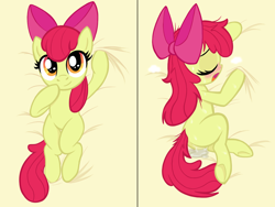 Size: 1515x1142 | Tagged: explicit, artist:lockerobster, editor:deserter, apple bloom, blank flank, blushing, body pillow, body pillow design, breath, butt, cute, earth pony, edit, eyes closed, female, filly, foal, foalcon, g4, imported from derpibooru, messy mane, messy tail, moaning, plot, pony, solo, solo female, stained sheets, sweat, vaginal secretions