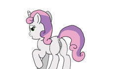 Size: 1280x720 | Tagged: explicit, artist:jbond, sweetie belle, anus, dock, female, filly, foal, foalcon, g4, imported from derpibooru, nudity, open mouth, pony, raised hoof, simple background, solo, solo female, tail, unicorn, vulva, white background