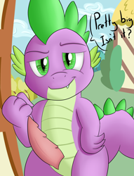 Size: 1385x1810 | Tagged: explicit, artist:foxkai, spike, barbed penis, dialogue, dragon, erection, exhibitionism, fangs, foalcon, g4, imported from derpibooru, looking at you, male, nudity, penis, public nudity, solo, solo male, talking to viewer