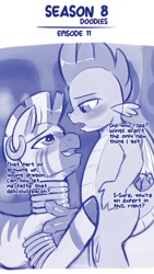 Size: 724x1283 | Tagged: explicit, artist:jcosneverexisted, spike, bedroom eyes, blushing, dialogue, dragon, dragon on zebra action, female, foalcon, g4, hemipenis, imminent blowjob, imminent oral, imminent sex, imported from derpibooru, interspecies, looking at each other, male, mlp:fim doodles, molt down, multidick, my little pony: friendship is magic, nudity, patreon, penis, season 8 doodles, ship:spicora, shipping, sketch, straight, winged spike, wings, zebra, zecora