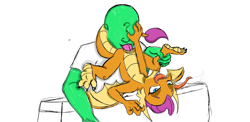 Size: 1467x714 | Tagged: explicit, artist:frikdikulous, oc, oc:anon, barefoot, bedroom eyes, cunnilingus, derpibooru exclusive, dragon, dragoness, feet, female, foalcon, g4, human, human on dragon action, imported from derpibooru, interspecies, long tongue, nudity, oral, sex, simple background, smolder, spread toes, tail wrap, toes, tongue out, vagina