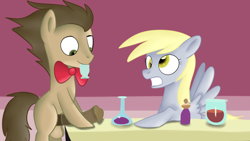 Size: 1280x720 | Tagged: explicit, artist:jbond, balls, big penis, bipedal, bow, bowtie, colt, derpy hooves, doctor whooves, duo, earth pony, female, filly, filly derpy hooves, foal, foalcon, g4, imported from derpibooru, impossibly large penis, male, nudity, pegasus, penis, pony, ship:doctorderpy, shipping, shocked, shocked expression, straight, table, time turner, younger