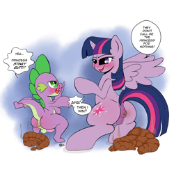 Size: 4000x4000 | Tagged: explicit, grotesque, artist:rhk, editor:wumbl3, spike, twilight sparkle, alicorn, anus, ass, balls, butt, competition, contest, dialogue, dirty anus, edit, female, fetish, foalcon, g4, imported from derpibooru, male, mare, molt down, my little pony: friendship is magic, nudity, penis, plot, pony, poonut, poop, pooping, pooping together, scat, smelly, squatting, vulva, winged spike, wings