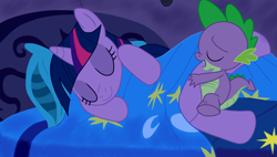 Size: 1900x1080 | Tagged: questionable, artist:malroth, spike, twilight sparkle, age difference, bed, derpibooru exclusive, dragon, duo, duo male and female, edit, edited screencap, female, foalcon, g4, golden oaks library, imported from derpibooru, male, molestation, night, pillow, pony, pseudoincest, recolor, screencap, sex, ship:twispike, shipping, sleeping, smiling, softcore, somnophilia, straight, unicorn, unicorn twilight