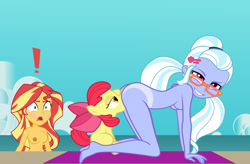 Size: 841x551 | Tagged: questionable, artist:cheesepuffs, apple bloom, all fours, beach, blushing, bowtie, breasts, busty sugarcoat, busty sunset shimmer, clothes, cloud, cunnilingus, earth pony, equestria girls, exhibitionism, female, filly, filly on human female, foal, foalcon, g4, glasses, grin, human, human female, human female on filly, human on filly, human on pony action, humans doing horse things, imported from derpibooru, interspecies, lesbian, missing nipple, nipples, nudity, oral, partial nudity, pony, sex, show accurate, show accurate porn, sideboob, sky, smiling, softcore, sugarbloom, sugarcheeks, sugarcoat, sunset shimmer, tan lines, topless