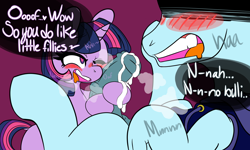 Size: 1080x646 | Tagged: explicit, artist:niggerdrawfag, twilight sparkle, oc, alicorn, blushing, canon x oc, cum, female, filly, foal, foalcon, foaldom, g4, heart eyes, hoofjob, horsecock, imported from derpibooru, male, nudity, penis, pony, wingding eyes
