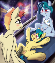 Size: 2000x2300 | Tagged: explicit, artist:gab0o0, oc, oc:apogee, oc:delta vee, oc:jet stream, age difference, anus, armpits, bad parenting, blushing, clitoris, crotchboobs, ear fluff, erection, eye contact, father and child, father and daughter, female, filly, foal, foalcon, fun for the whole family, happy sex, high res, horsecock, imminent incest, imported from derpibooru, incest, looking at each other, male, mare, medial ring, missionary position, mother and child, mother and daughter, nipples, nudity, oc only, on back, pegasus, penis, pony, sex, ship:apojet, shitfest in the comments, smiling, space, stallion, stallion on filly, straight, teats, underhoof, vulva