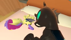 Size: 1920x1080 | Tagged: explicit, artist:soad24k, oc, oc:ebony crescent, 3d, bat pony, bat pony oc, changeling, female, filly, foal, foalcon, gmod, imported from derpibooru, nudity, sleeping, vulva