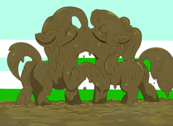 Size: 2421x1777 | Tagged: explicit, artist:fearingfun, artist:plinko, apple bloom, babs seed, anus, applecest, butt, cousin incest, cousins, covered in mud, farm, female, females only, foalcon, g4, imported from derpibooru, incest, kissing, lesbian, messy, mud, muddy, nudity, pig pen, plot, pony, ship:appleseed, shipping, simple background, vulva, wet and messy, wip