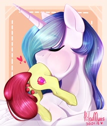 Size: 1842x2160 | Tagged: explicit, artist:hiloumuns, apple bloom, princess celestia, alicorn, anal beads, anal insertion, anus, apple beads, bloomprey, eyes closed, female, fetish, foalcon, full mouth, g4, heart, imported from derpibooru, insertion, lesbian, nudity, pony, preybloom, princess vorestia, sex toy, size difference, transparent mane, vore, vulva