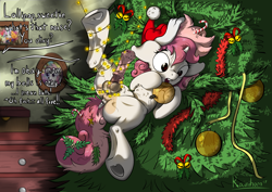 Size: 3508x2480 | Tagged: explicit, artist:rainihorn, oc, oc:lollipop, balls, bauble, candy, candy cane, christmas, christmas lights, christmas tree, dialogue, dock, foalcon, food, hat, high res, holiday, horsecock, imported from derpibooru, male, mistletoe, multiple variants, nudity, oc only, penis, pony, santa hat, solo, solo male, tree, underhoof