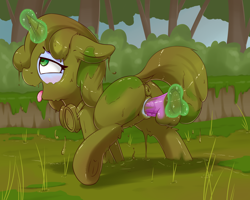 Size: 2500x2000 | Tagged: explicit, artist:fearingfun, oc, oc:sweetwater, ahegao, butt, covered in mud, dildo, female, filly, foal, foalcon, goggles, high res, imported from derpibooru, insertion, masturbation, messy, mud, muddy, nudity, oc only, open mouth, plot, pony, sex toy, solo, solo female, swamp, unicorn, vaginal insertion, vulva, wet and messy