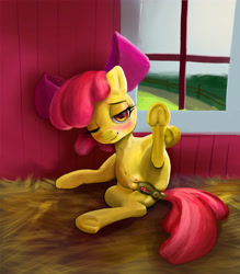 Size: 4002x4562 | Tagged: explicit, artist:hexado, apple bloom, absurd resolution, anatomically correct, anus, apple bloom's bow, bedroom eyes, blushing, bow, clitoris, commission, crotchboobs, dark genitals, dock, earth pony, female, filly, foal, foalcon, frog (hoof), g4, hair bow, imported from derpibooru, looking at you, nipples, nudity, one eye closed, ponut, pony, presenting, smiling, solo, solo female, teats, underhoof, vulva, vulvar winking, window, wink