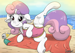Size: 1280x905 | Tagged: questionable, artist:rainihorn, sweetie belle, active stretch, beach, belly button, cameltoe, clothes, female, filly, foal, foalcon, g4, imported from derpibooru, multiple variants, ocean, one-piece swimsuit, solo, solo female, sunscreen, swimsuit