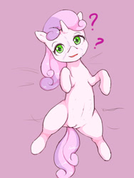 Size: 900x1200 | Tagged: explicit, artist:bauru, sweetie belle, clueless, crotchboobs, cum, facial, female, foalcon, g4, imported from derpibooru, looking at you, multiple nipples, nipples, nudity, on back, solo, solo female, spread legs, spreading, teats, vulva