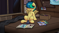 Size: 5120x2880 | Tagged: explicit, artist:prism nsfw, oc, oc:apogee, abdominal bulge, anatomically correct, bed, blushing, butt freckles, chest fluff, chest freckles, clitoris, crotchboobs, dildo, dildo sitting, ear fluff, ear freckles, eyes closed, female, filly, flag of equestria, foal, foalcon, freckles, implied lesbian, imported from derpibooru, insertion, masturbation, nipples, nudity, oc only, on bed, pegasus, playboy, playpony, pony, porn, sex toy, shoulder fluff, sitting, solo, solo female, teats, tinyface, vaginal insertion, vaginal secretions, vulva, vulvar winking